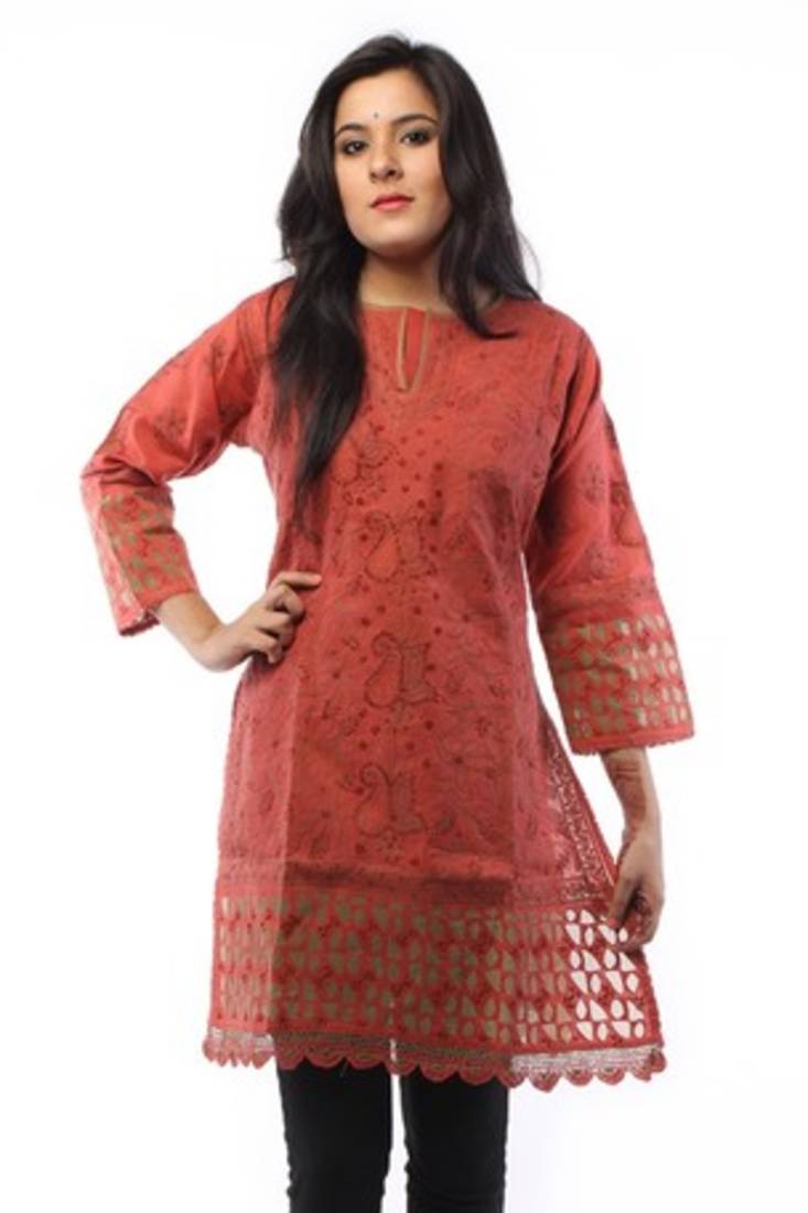 Buy Ada Handcrafted Designer Large Rust Cotton Lucknowi Chikan Short Kurti Online