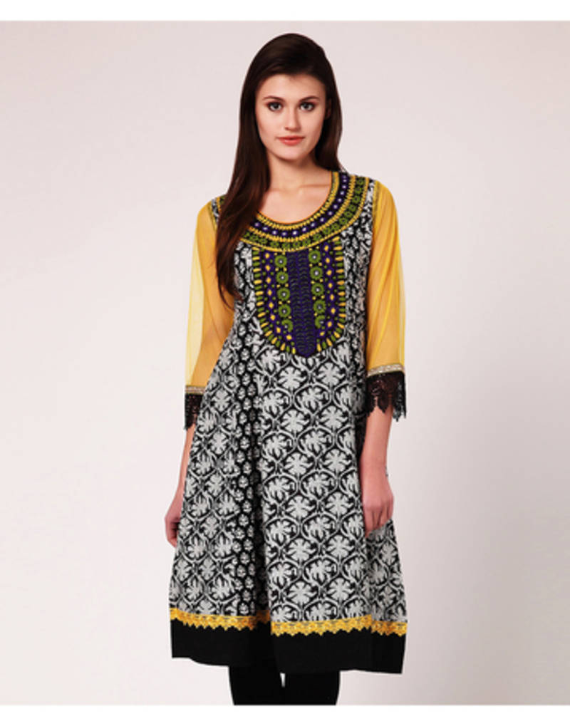 Buy Black & White Printed Cotton & Net Kurtis Online