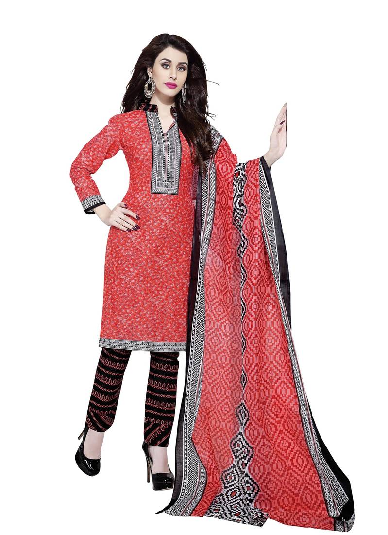 Buy Red printed cotton unstitched salwar with dupatta Online