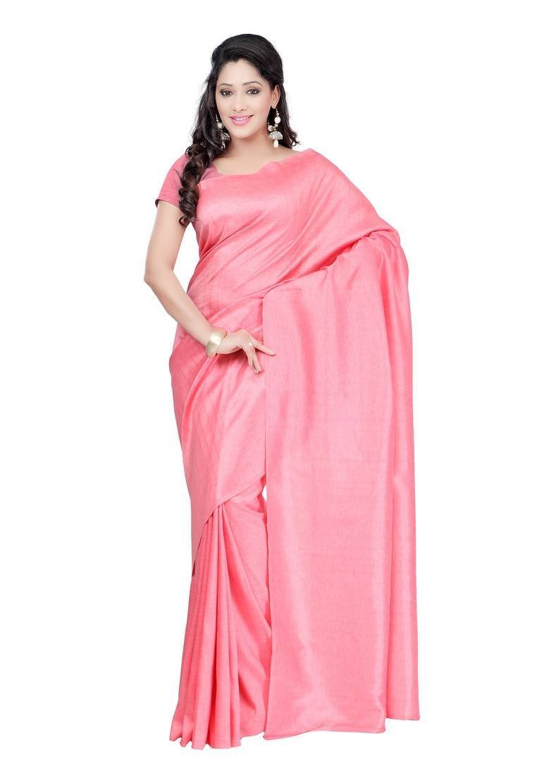 Buy Baby Pink Plain Silk saree with blouse Online