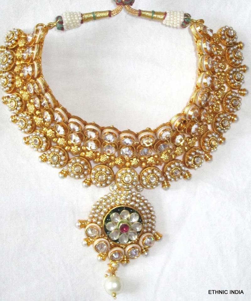 Buy GOLD PLATED PEARL KUNDAN BRIDAL DULHAN NECKLACE EARRING SET Online