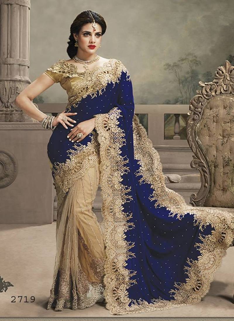 Buy blue embroidered net saree With Blouse Online