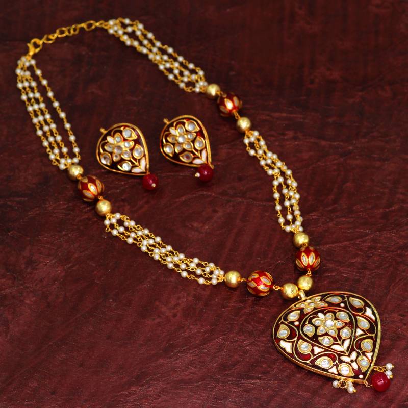 Buy Traditio0l Handmade Maroon Mee0kari Work Kundan Artificial Jewelry of Jaipur Necklace Set Online
