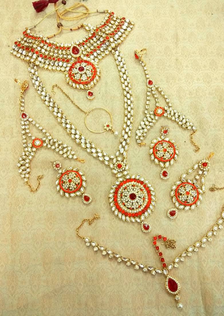 Buy Red kundan complete dulhan bridal jewelry necklace set Online