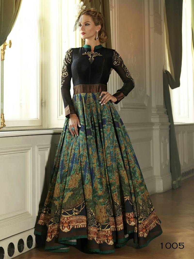 Buy Green cotton silk printed semi stitiched party wear gowns Online Buy Green cotton silk printed semi stitiched party wear gowns Online