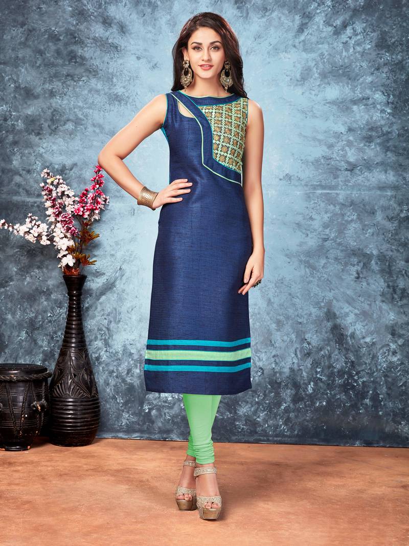 Buy Navy blue embroidered silk silkkurtis Online