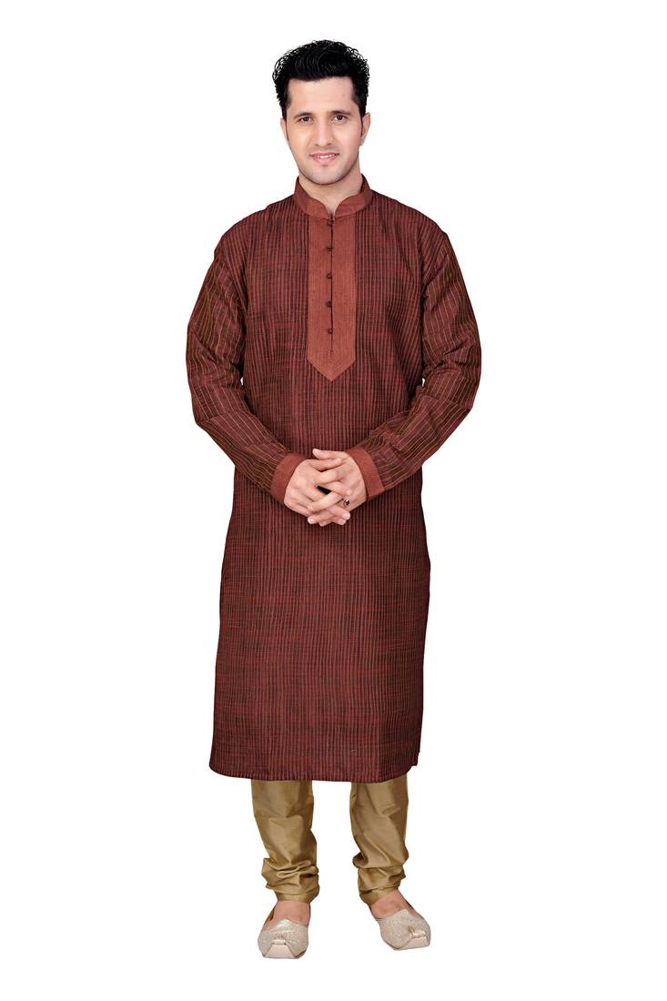 Buy Maroon kurta with nehru collar with pintucked and cording in the
