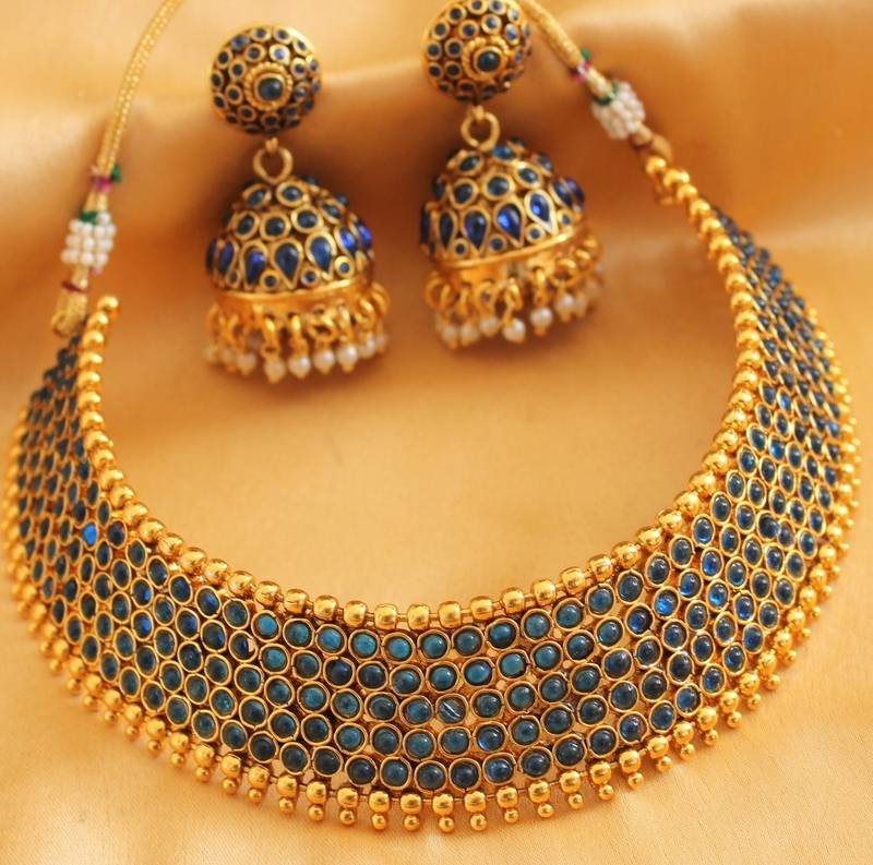 Buy AWESOME DESIGNER BLUE CHOKER NECKLACE SETDJ03106 Online